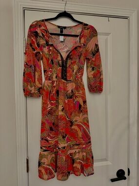 Vibrant Pink & Red Printed Midi Dress